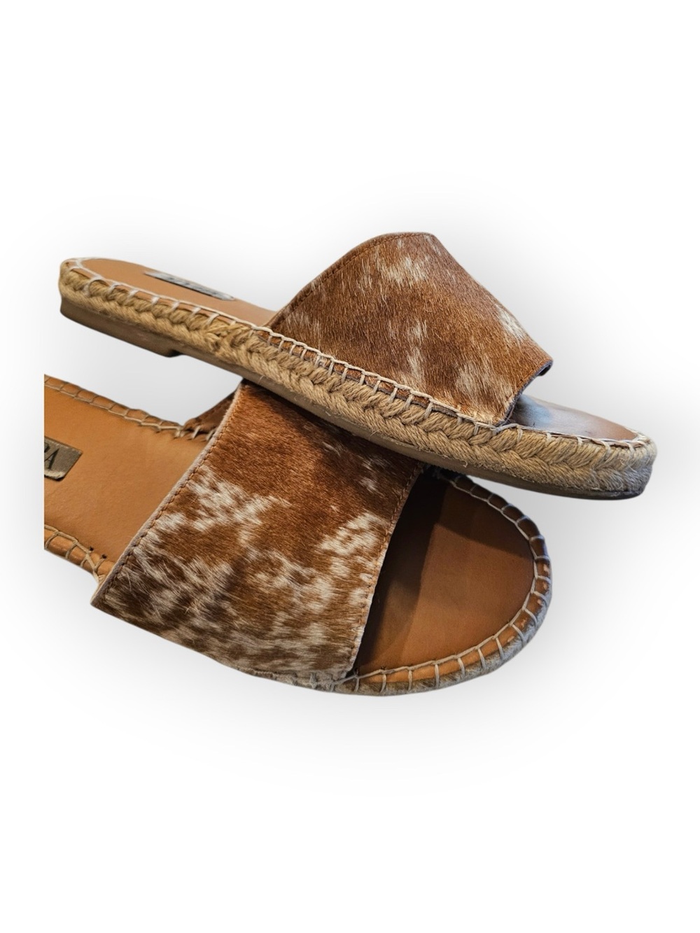 MYRA Real Cowhide Leather Espadrille Slide Sandals Brown White Size 8 - Picture 4 of 6